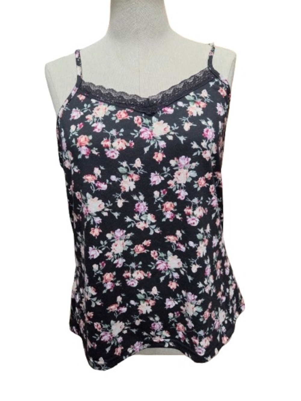 Floral Lace-Trim Camisole Tank Top - Black with Pink Floral